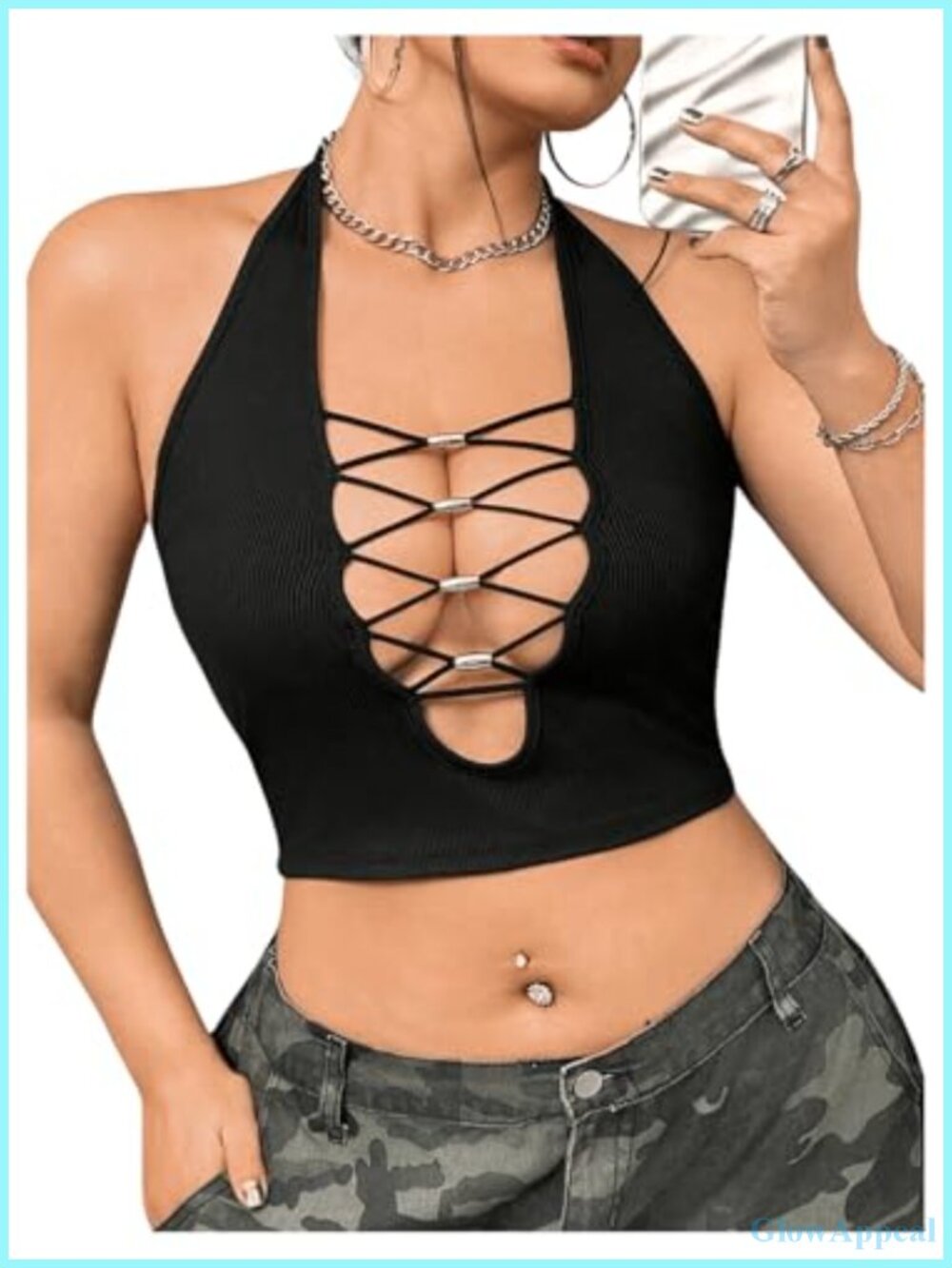Plus Size Halter Crop Top Lace Up Front Sleeveless Backless Stretchy